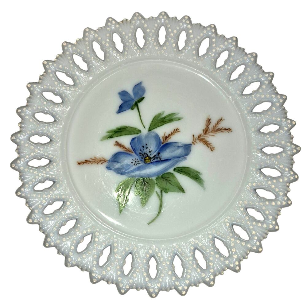 Vintage Kemple Hand Painted Floral Milk Glass Plate Lace Edge Diamond Shell Rim